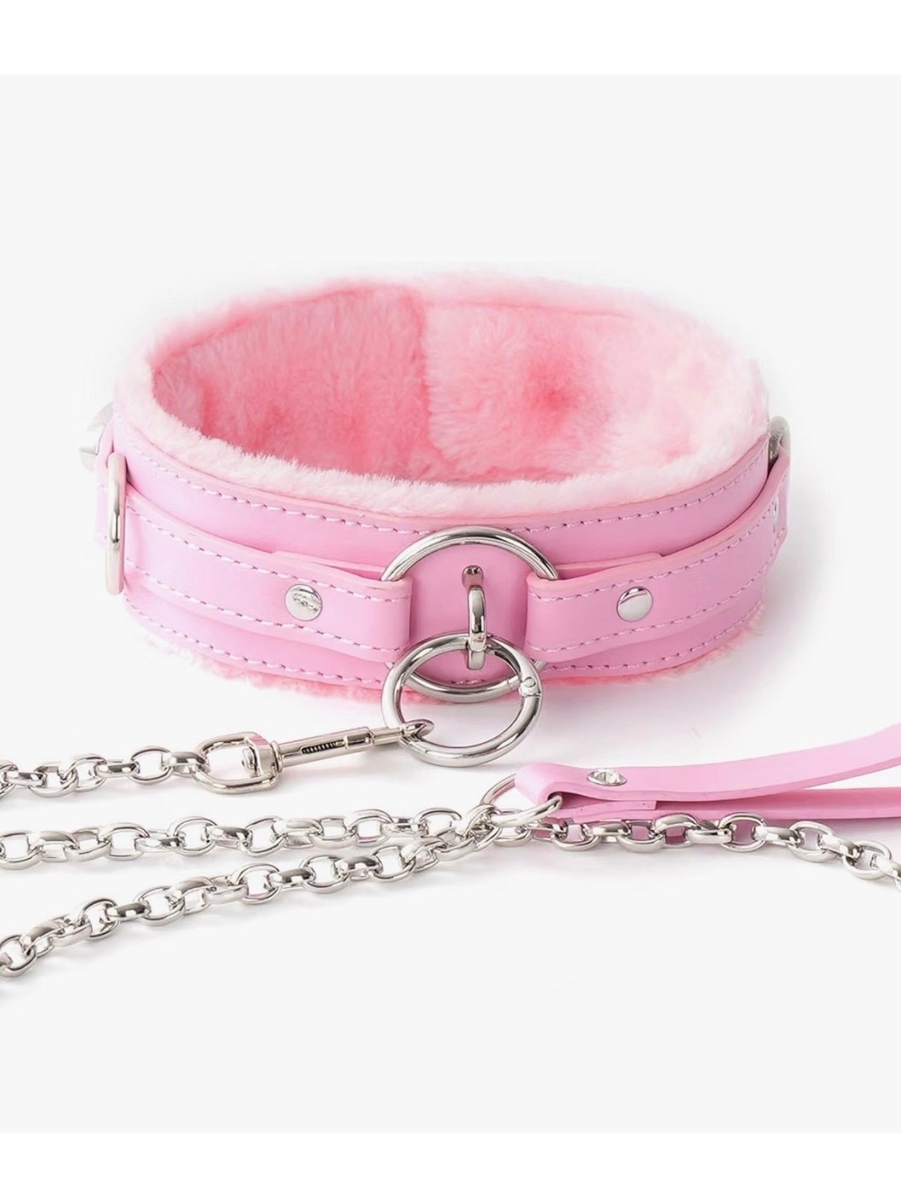 Pink Faux Leather and Fuzzy Lined Collar with Chain Leash